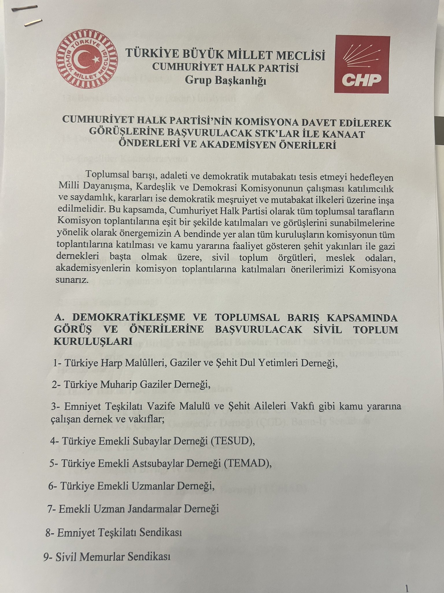 CHO KOMİSYONA KATILMASINI İSTEDIKLERI DERNEK VAKIF VE SENDİKALARI AÇIKLADI YENMİLLİ DAYANISMA,KARDEŞLİK VE DEMOKRASİ KOMISYON TOPLANTISINA ÇAĞRILACAKLAR