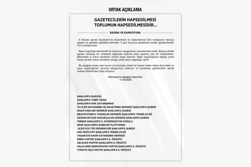 Urfa'da 16 kurumdan, tutuklanan gazeteciler için ortak açıklama