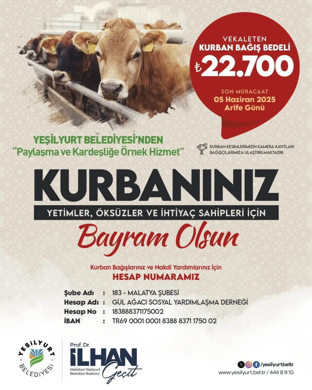 YEŞILYURT BELEDİYESİ  YETİM  ÖKSÜZ, İHTIYAÇ SAHİPLERİ İÇIN  " KURBAN BAĞIŞ " HİZMETİ BASLATTI