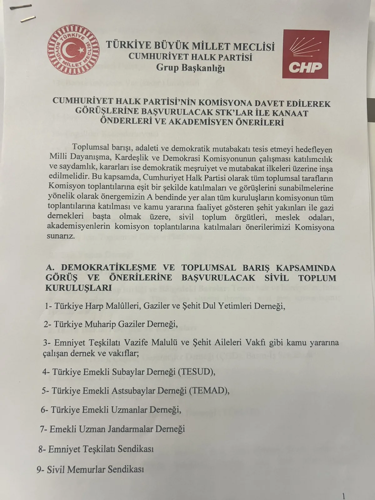 CHO KOMİSYONA KATILMASINI İSTEDIKLERI DERNEK VAKIF VE SENDİKALARI AÇIKLADI YENMİLLİ DAYANISMA,KARDEŞLİK VE DEMOKRASİ KOMISYON TOPLANTISINA ÇAĞRILACAKLAR